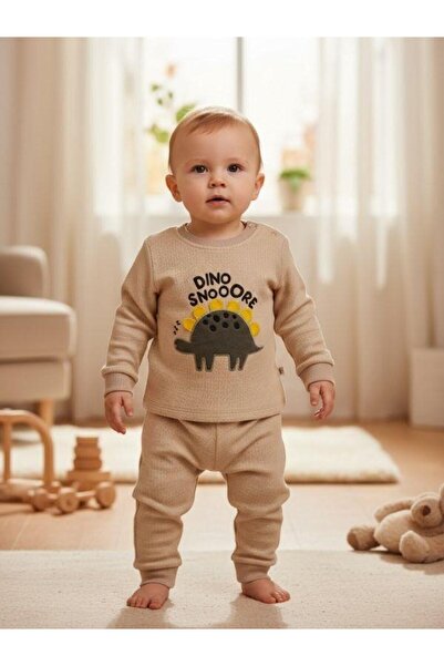 Zekids Baby Boy Cotton Textured Fabric Dinosaur Tracksuit Set