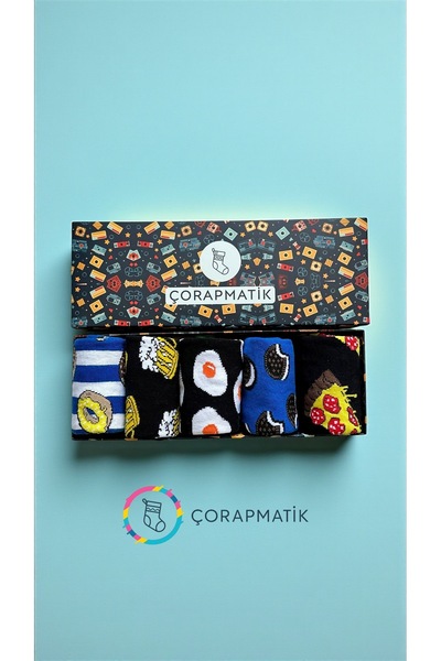 çorapmatik 5'li Özel Tasarım Kutulu Yiyecek Desenli Renkli Soket Çorap Seti