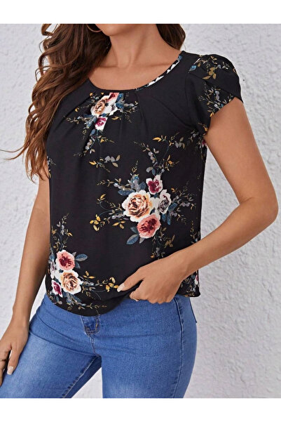 GENCULUS Women's Short Sleeve Crew Neck Floral Printed Single Jersey Blouse