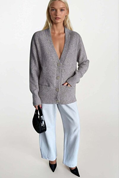 Maxi modena Accessory Detail V-Neck Gray Knitwear Cardigan