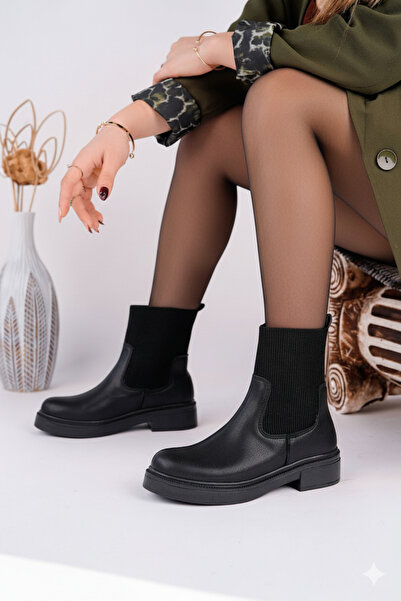 Catelyn Women's Black Leather Knitwear Elastic Thick Thermo Non-Slip Sole Chelsea Boots