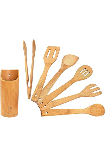 NEONI Wooden Kitchen Utensils Set, 7-Piece Bamboo Cooking Tools and Holder