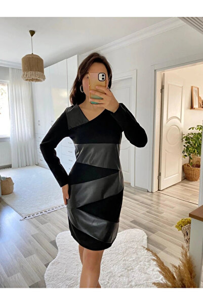 GENCULUS Women's Long Sleeve Asymmetrical Lapel Suede And Leather Mini Size Dress