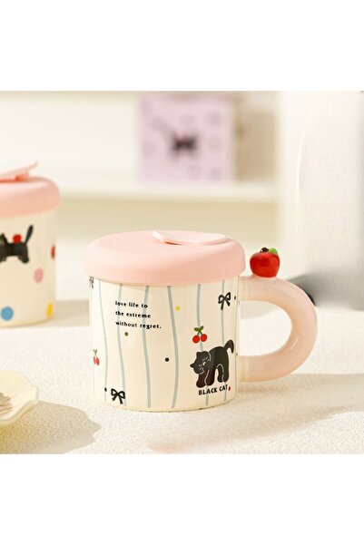 Flippy Ceramic Mug with Pink Silicone Lid & Straw, Cute A, 380 ml (9x8.5 cm)