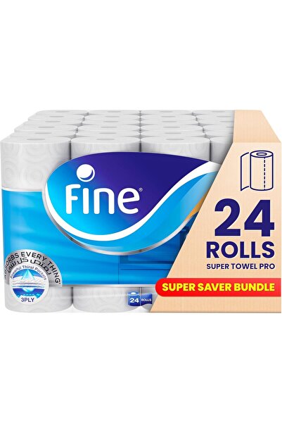 FINE Super Towel Pro Kitchen Paper Towel, 3-Ply, Half Perforated, Pack of 24 Rolls (8 x 3)