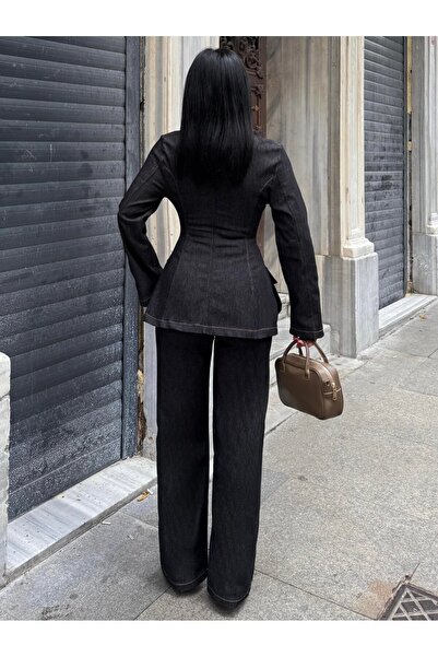 Julidress Button Detailed Blazer Jacket and Pants Bottom Top Premium Denim Suit