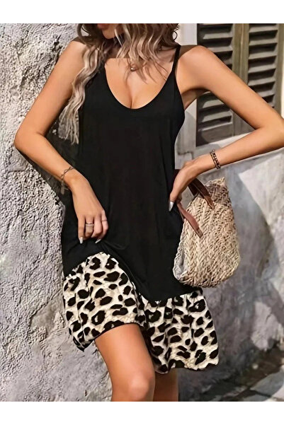 GENCULUS Women's Rope Detailed Short Dress with Straps, Round Neck, Viscose Skirt, Single Jersey Dress