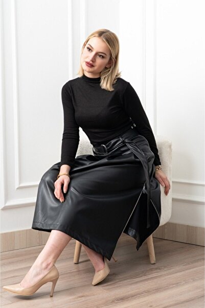 GİYSİ DÜNYASI 57 Suny Leather Fabric Side Zipper Slit Detail Long Skirt