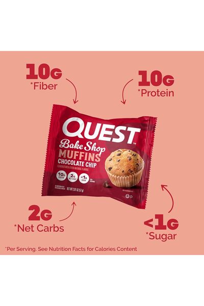 Quest Bake Shop, Chocolate Chip Muffins, 10g Protein, 2g Net Carbs, Less than 1g Sugar, 8 Count