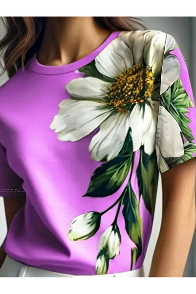 GENCULUS Women's Short Sleeve Crew Neck Floral Printed Single Jersey Blouse