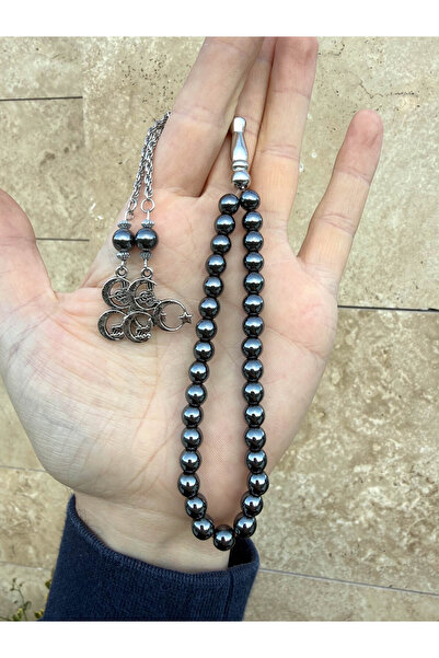 A-STİL TAKI Double Three Crescent Tassel Wrist Length Sphere Cut Natural Hematite Prayer Beads