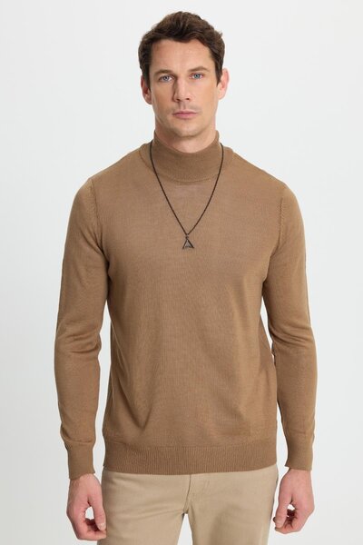 Tudors Men's Standard Fit Regular Cut Half Turtleneck Plain Dark Mink Knitwear Sweater