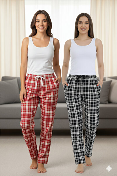 FOR MYSELF 2 Pieces Plaid Women's Suede Winter Elastic Comfortable Pajama Bottoms 2 Pieces