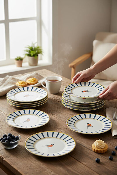 Kezze Kuş Figürlü Modern Çizgili Pasta-Tatlı Servis Tabağı (1 Adet)