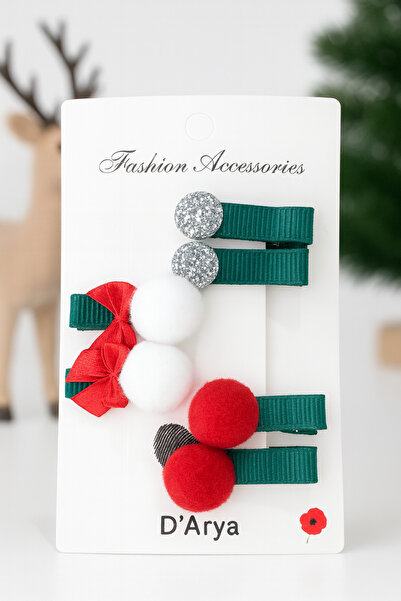 Darya Dd610 Red–White Pompom & Silver Glitter Christmas Hair Clip Set (3-Piec...