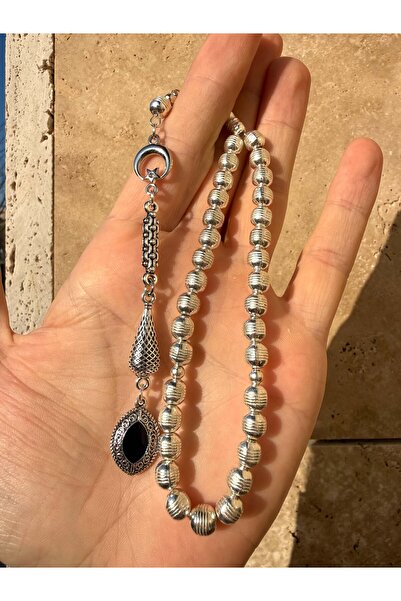 A-STİL TAKI Sphere Cut Engraved Single Tassel Pure Silver Plated Prayer Beads