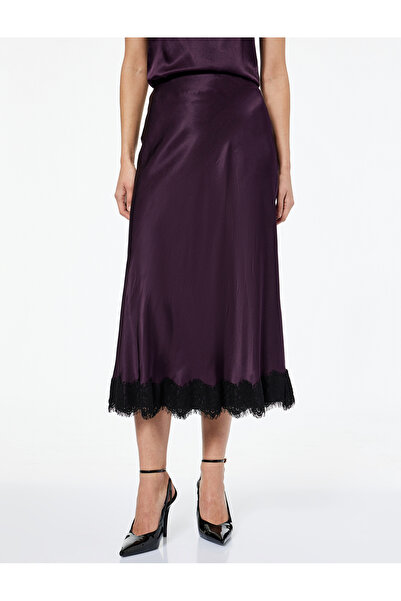 Koton slim fit Fusta midi din satin cu detaliu din dantela