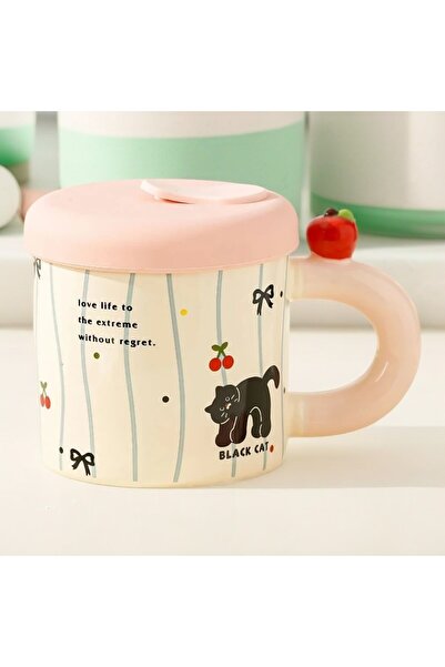 Flippy Ceramic Mug with Pink Silicone Lid & Straw, Cute A, 380 ml (9x8.5 cm)