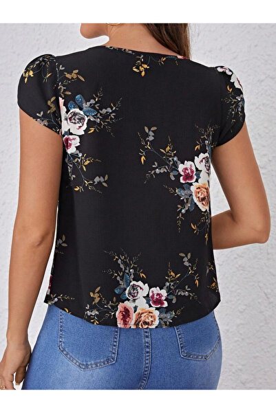 GENCULUS Women's Short Sleeve Crew Neck Floral Printed Single Jersey Blouse