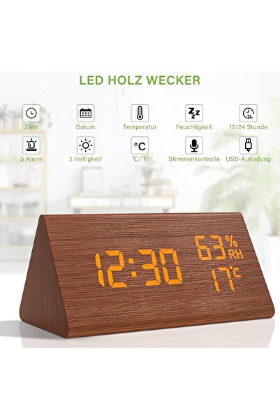 VORRINC Digital Alarm Clock Wood Effect - Voice Control, Date, Temperature & Humidity (Brown)