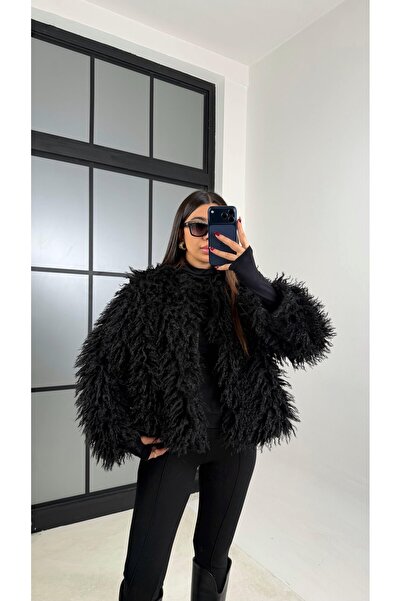 manana fashion Fringed Long Feathered Faux Fur Coat Jacket