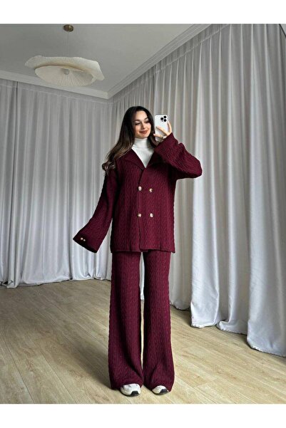 Narstorm Women's Braided Burgundy Knitwear Buttoned Jacket Set
