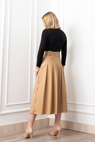 GİYSİ DÜNYASI 57 Suny Leather Fabric Side Zipper Slit Detail Long Skirt