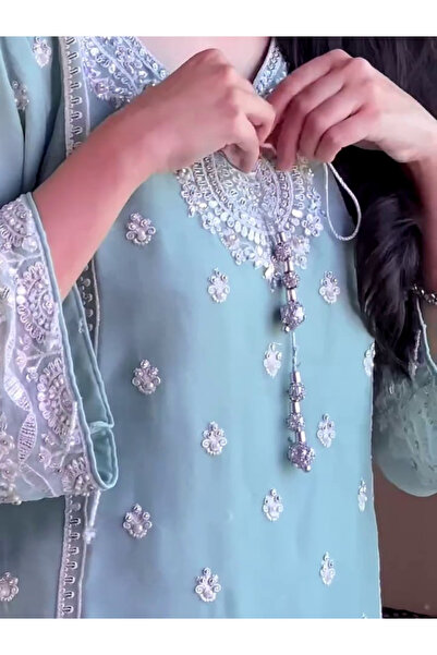 MYSMAR Blue Faux Georgette Salwar Kameez & Dupatta - FFT4278 | Blue