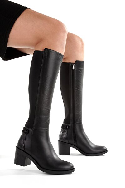 Modabuymus Black Genuine Leather Elastic Thick Heel Women's Boots Bicheno