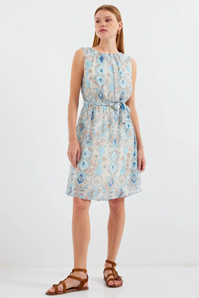 GENCULUS 2501 Patterned Zero Sleeve Chiffon Dress Blue