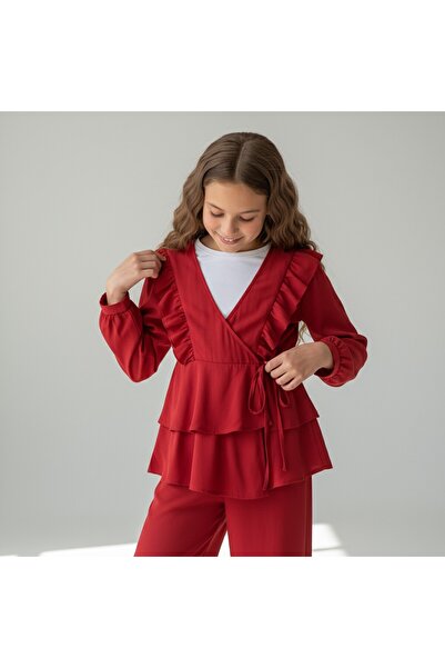 FESSHERA KİDS Girl's Suit with Ruffles Stylish and Comfortable Crepe Fabric Ruffled Double-Breasted Collar Two-Piece Suit Kimono