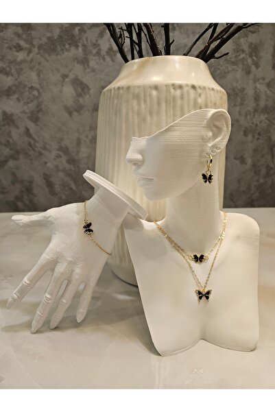 Alyas Aksesuar 4 Piece Stone Butterfly Jewelry Set Black