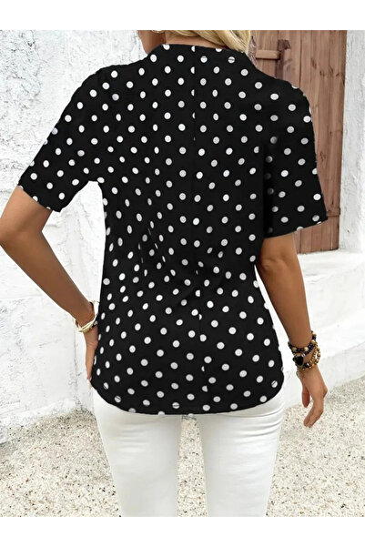 GENCULUS Women's Short Sleeve Collar Zipper Polka Dot Long Woven Viscose Blouse