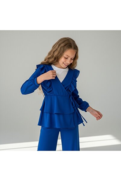 FESSHERA KİDS Girl's Suit with Ruffles Stylish and Comfortable Crepe Fabric Ruffled Double-Breasted Collar Two-Piece Suit Kimono