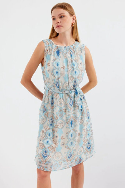 GENCULUS 2501 Patterned Zero Sleeve Chiffon Dress Blue