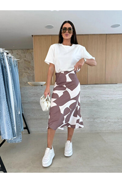 GENCULUS Women's Short Sleeve Crew Neck Viscose Blouse and Patterned Single Jersey Skirt Double Set