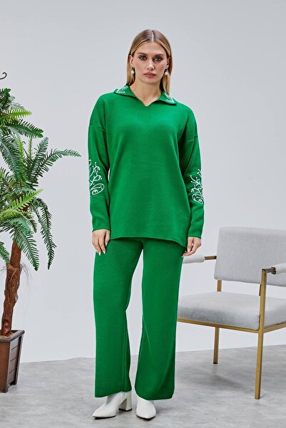 Jinx Wear Fashion Women's 2-Piece Acrylic Knitwear Set with Collar and Sleeve Lace Detail and Pearl Detail