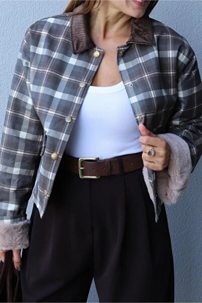 Suziş Velvet Collar with Fur Detail on the Inside, Plaid Jacket Cr52110001