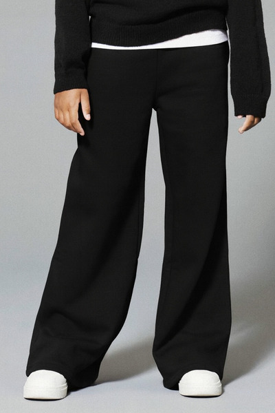 fasardi 3 Thread Girls' Black Wide-Leg Sweatpants – Elastic Waist, Comfortable and Relaxed Fit / School