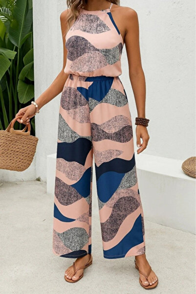 GENCULUS Women's patterned diver jumpsuit with elastic waist and neckline open shoulders