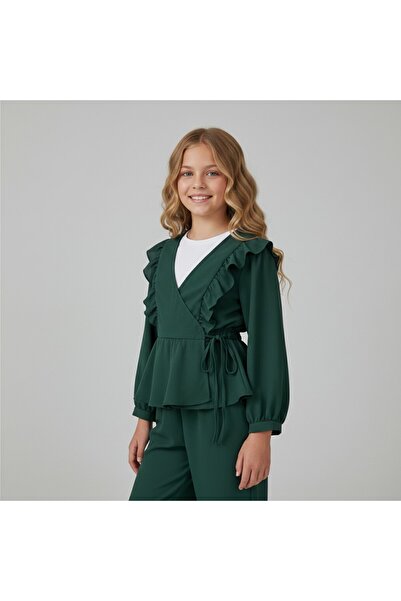 FESSHERA KİDS Girl's Suit with Ruffles Stylish and Comfortable Crepe Fabric Ruffled Double-Breasted Collar Two-Piece Suit Kimono
