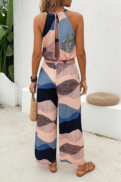 GENCULUS Women's patterned diver jumpsuit with elastic waist and neckline open shoulders