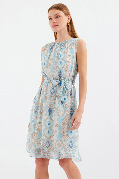 GENCULUS 2501 Patterned Zero Sleeve Chiffon Dress Blue