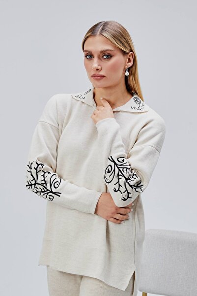 Jinx Wear Fashion Women's 2-Piece Acrylic Knitwear Set with Collar and Sleeve Lace Detail and Pearl Detail