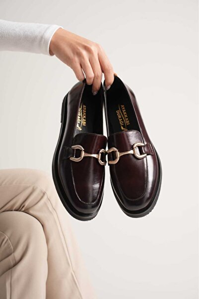 AYAKKABİSEPETİ Burgundy Inside and Outside Genuine Leather Women's Loafer