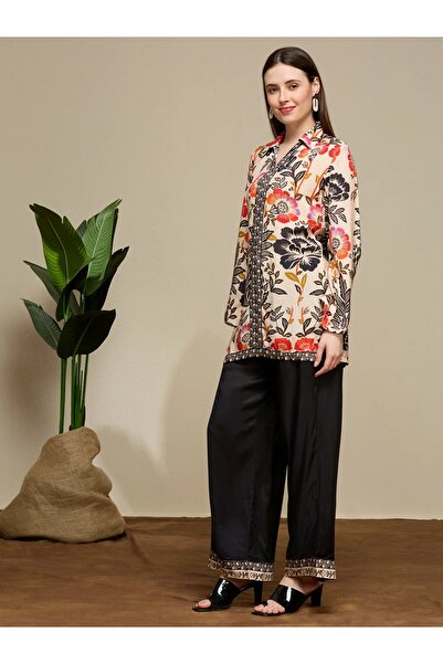 PRIYA'S PANACHE Ethnic Floral Printed Muslin Silk Kurta Pant Co-ord Set | Indian Dress Ladies Kurti Set for Women