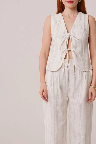 GENCULUS Vest and Trousers with Front Tie Detail Ecru Striped Double Set