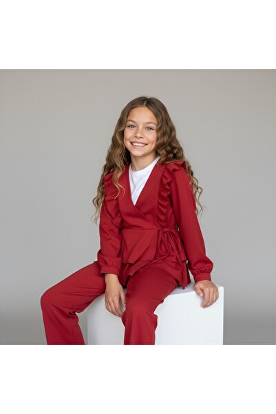 FESSHERA KİDS Girl's Suit with Ruffles Stylish and Comfortable Crepe Fabric Ruffled Double-Breasted Collar Two-Piece Suit Kimono