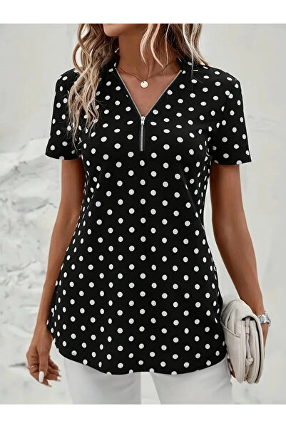 GENCULUS Women's Short Sleeve Collar Zipper Polka Dot Long Woven Viscose Blouse