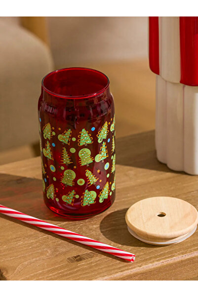 LC Waikiki Lcw Home Red Printed Glass Cup with Straw 450 ml